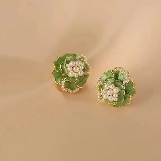 Flower Earrings with Enamel and Pearls Unique Joyas