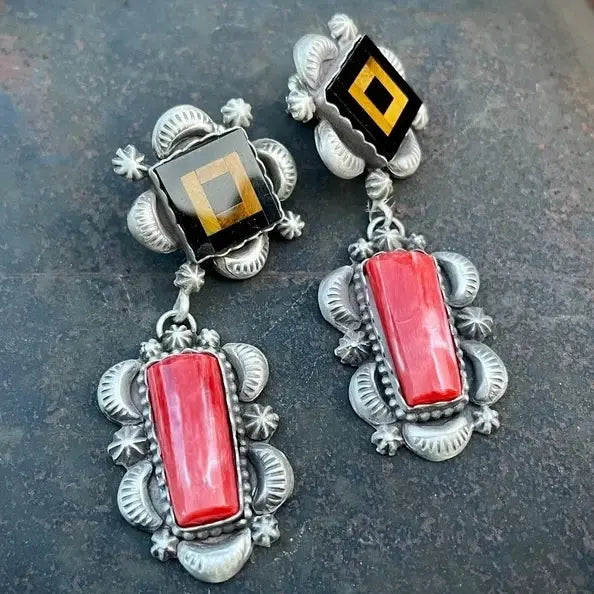 Rectangular Vintage Earrings with Red Stone Unique Joyas