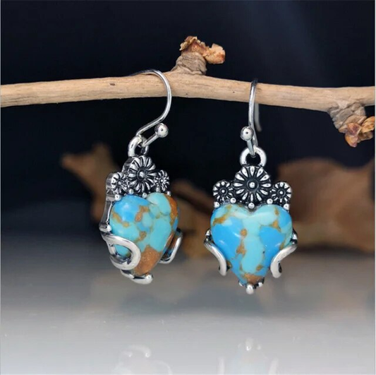 Blue Heart and Turquoise Vintage Earrings Unique Joyas