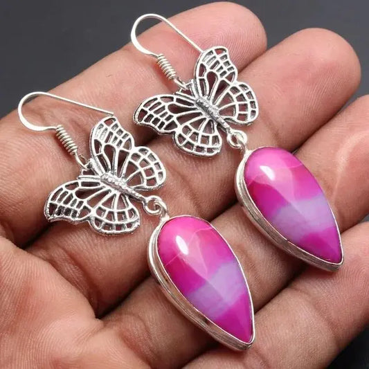 Vintage Butterfly Earrings with Pink Stone