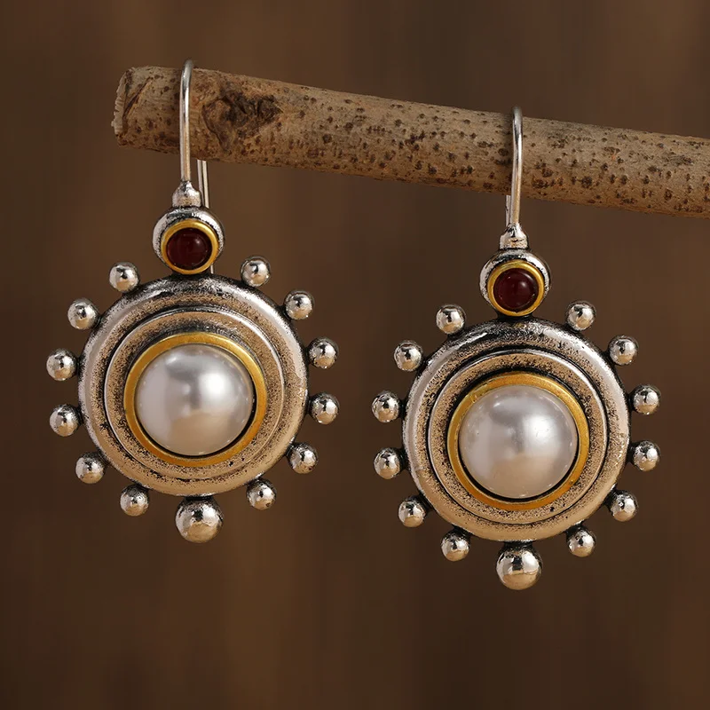 Vintage silver and gold inlaid pearl earrings