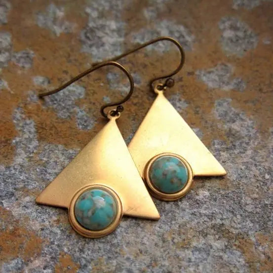 Golden Triangle Earrings with Vintage Turquoise Stones Unique Joyas