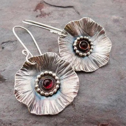 Vintage Silver Blossom Red Zirconia Earrings