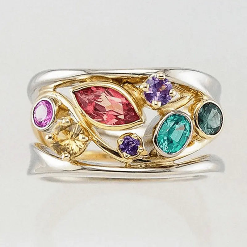 Vintage Gold & Silver Colorful Zirconia Ring Unique Joyas