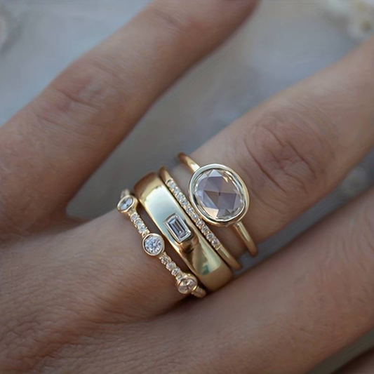 Vintage Gold & Zirconia Ring Set Unique Joyas