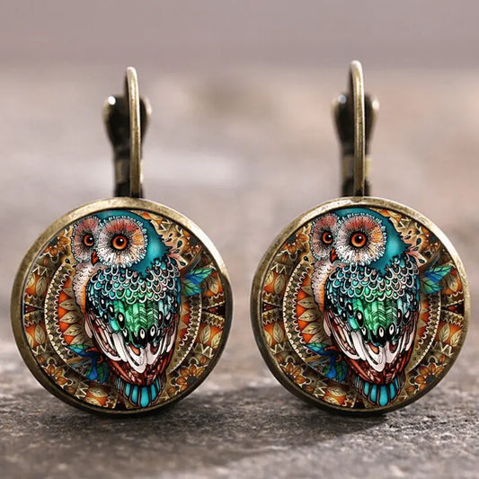 Vintage Rounded Crystal Owl Earrings Unique Joyas