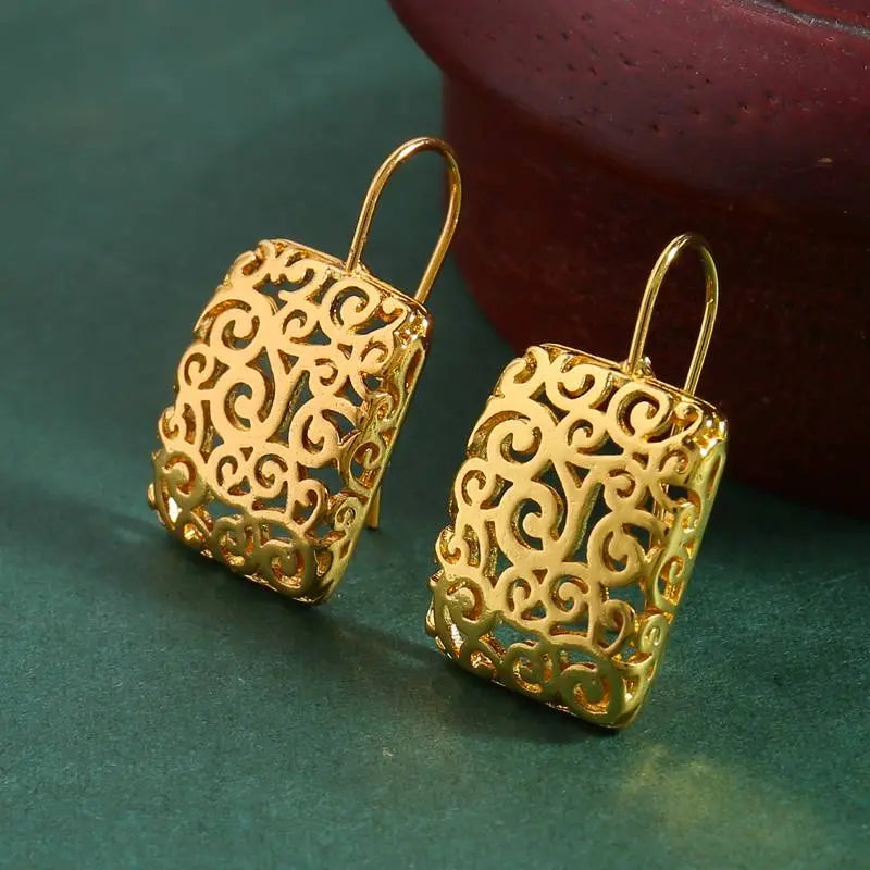 Vintage Golden Hollow Square Earrings Unique Joyas