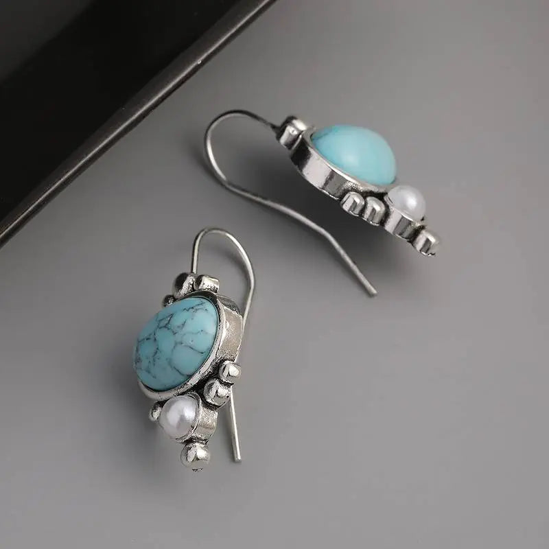 Vintage Blue Sky Stone Pearl Earrings Unique Joyas