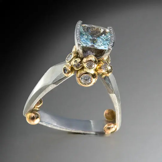 Vintage Blue Zirconia Gold & Silver Ring Unique Joyas