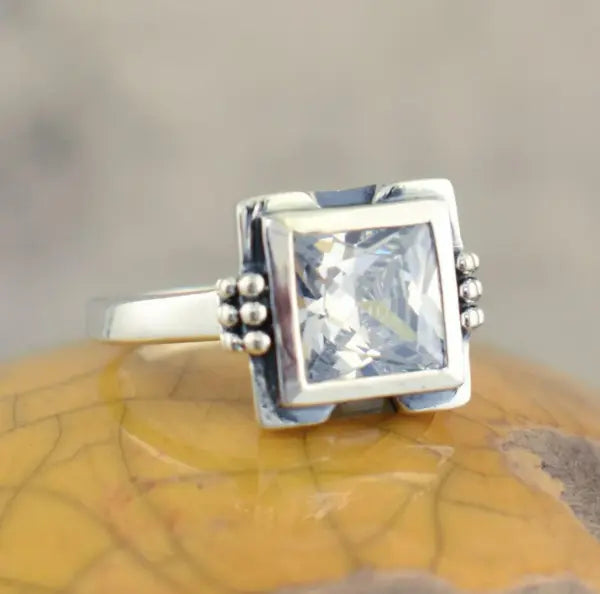 Square Glass Ring with Inlay Unique Joyas