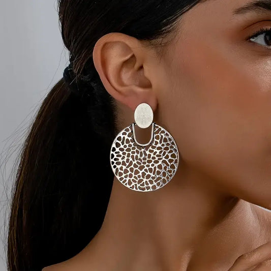 Silver-plated round hollow mandala earrings Unique Joyas