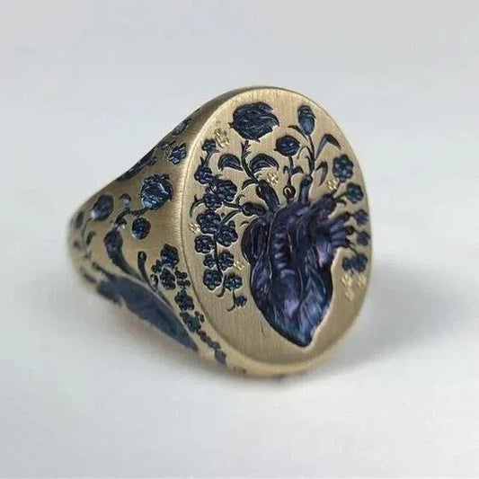 Vintage Blue Flower Gold Ring Unique Joyas