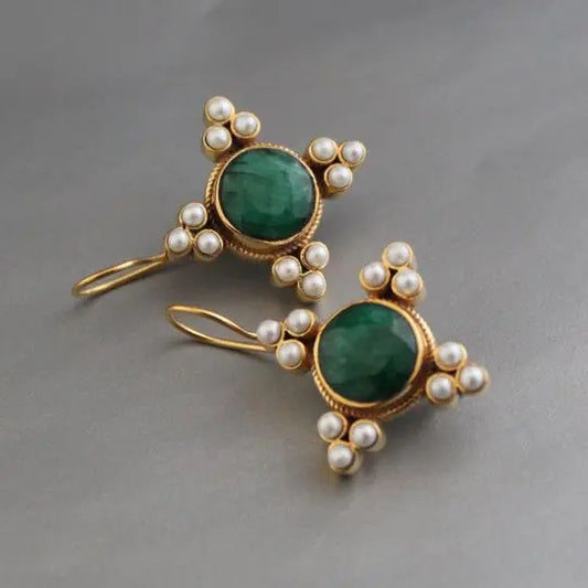 Vintage Green Crystal & Pearl Earrings Unique Joyas