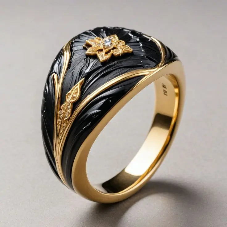 Black enamel ring in vintage gold Unique Joyas