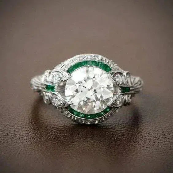 Vintage Green Glass White Zirconia Ring Unique Joyas