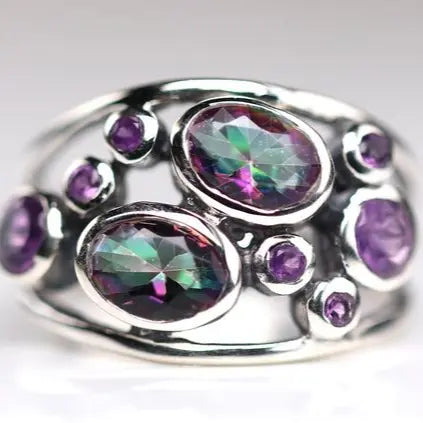 Ring with inlays of colorful crystal in vintage silver Unique Joyas