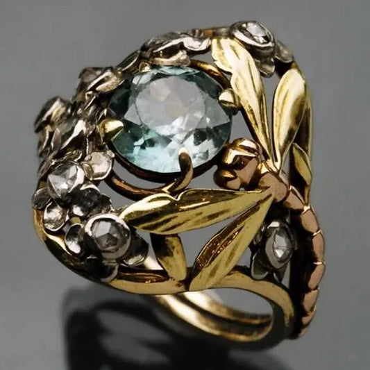 Floral Ring with Blue Crystal in Vintage Gold Unique Joyas