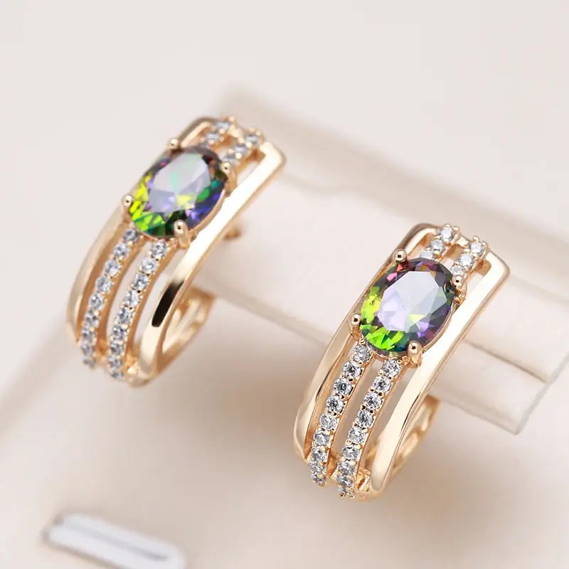 Elegant earrings with zirconia and green crystal in gold Unique Joyas