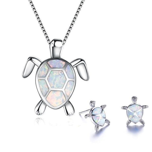 Sea Turtle Necklace + Earrings Set made of Opal and Silver