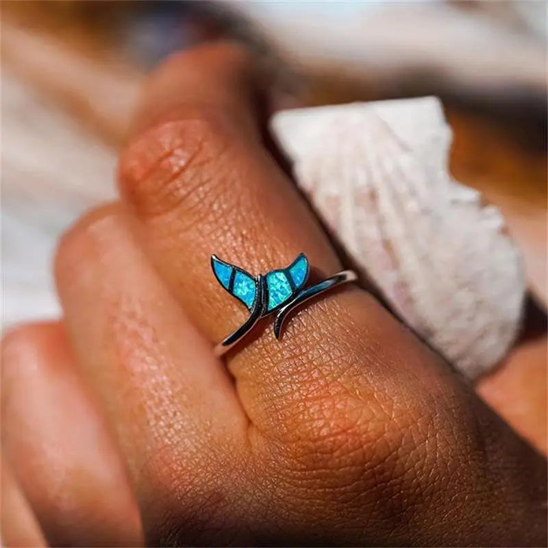 Silver and Opal Whale Tail Ring Unique Joyas