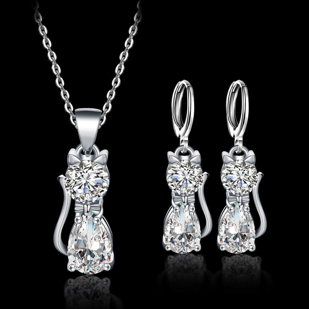 Happy Cats Necklace and Earring Set in Sterling Silver with Polished White Zirconia