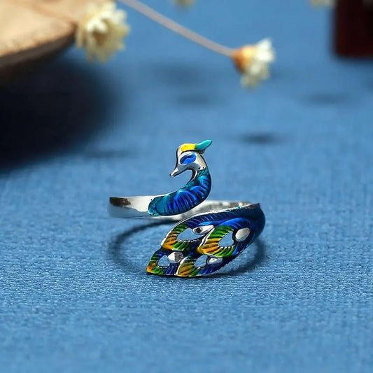 Hand-painted Peacock Adjustable Ring in Sterling Silver Unique Joyas