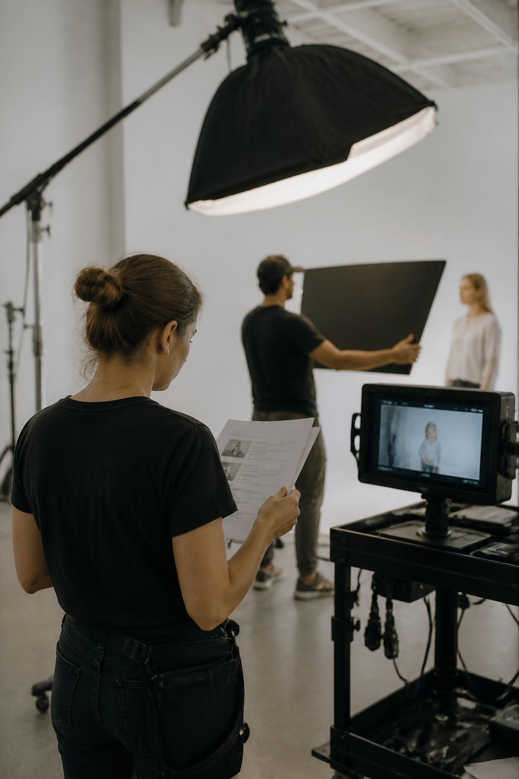 Advertising set with a large softbox on a boom, a crew member holding a flag, and a monitor cart in the foreground