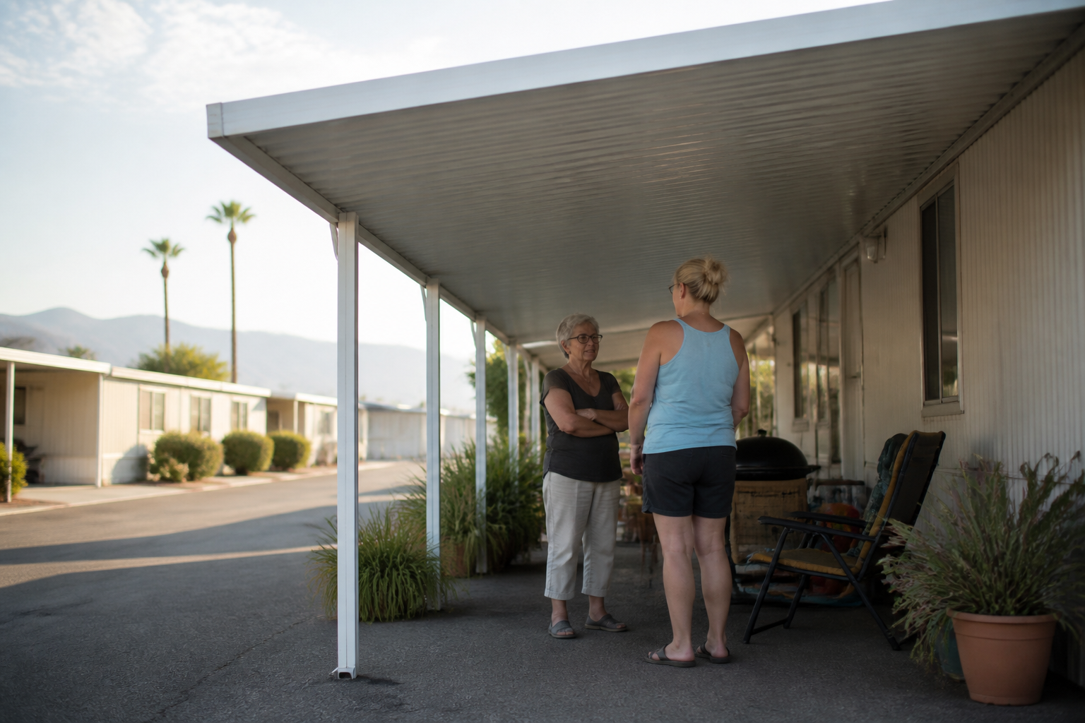 Two neighbours talking under a metal carport awning beside potted plants and folding chairs in late afternoon light