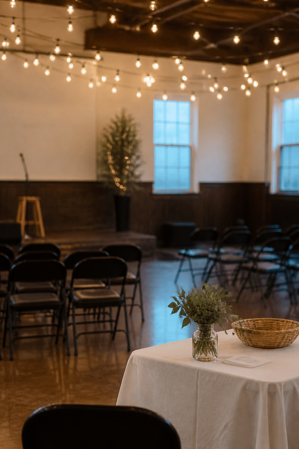 Community hall set up for an evening youth event, folding chairs, a welcome table and strings of lights overhead