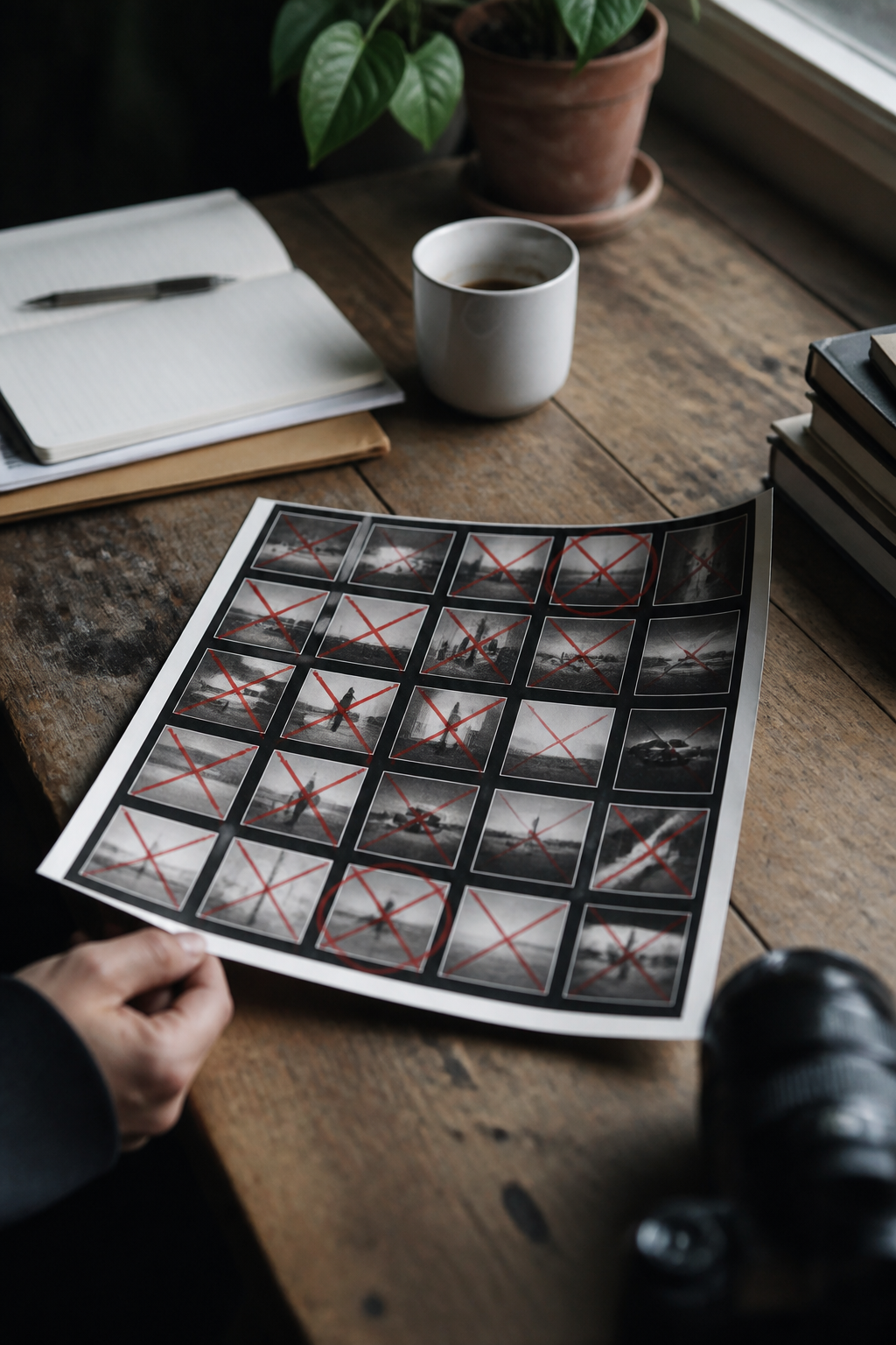Contact sheet marked up with a red grease pencil, two frames circled and the rest crossed through