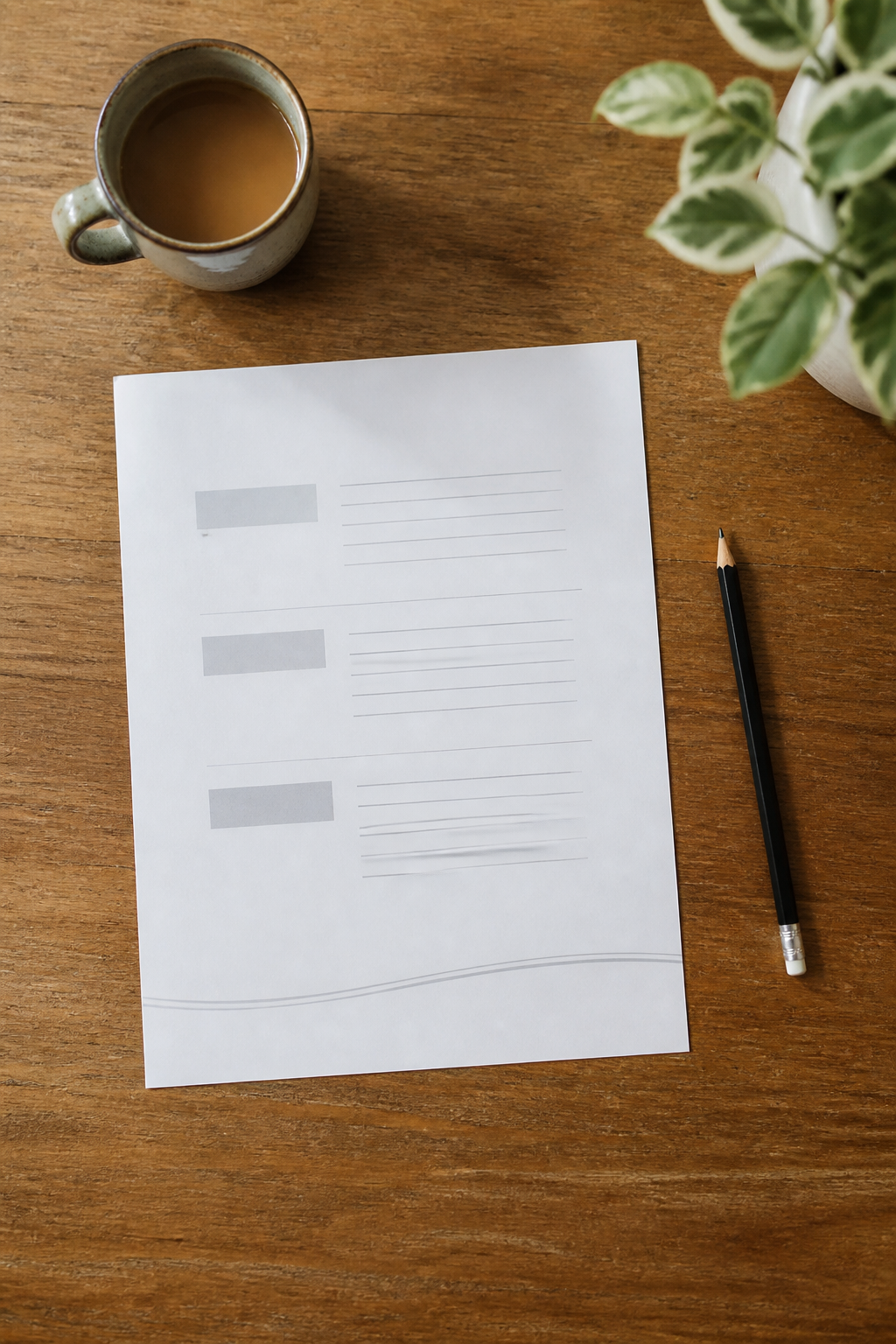 Plain wooden desk with a single printed page, a pencil and a mug, photographed from directly above in daylight