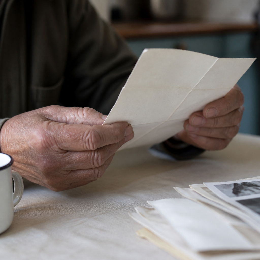 Close photograph of two worn hands holding a folded document over a kitchen table