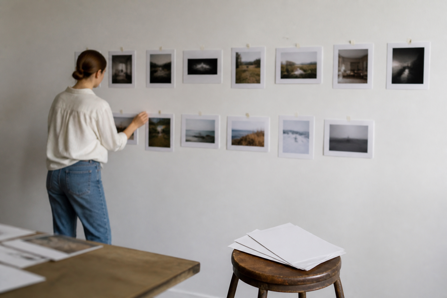 Two rows of work prints taped to a plain wall in sequence, with three prints removed and stacked face down on a stool