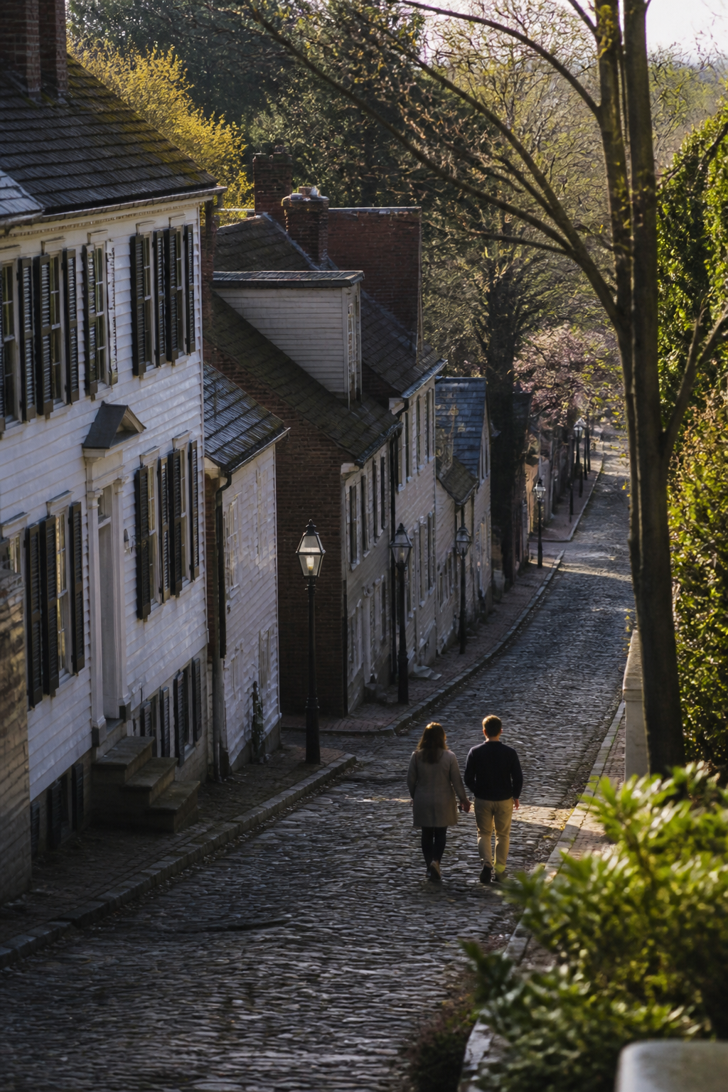 Wide establishing photograph of a residential street with two people walking, made from a raised position in low sun