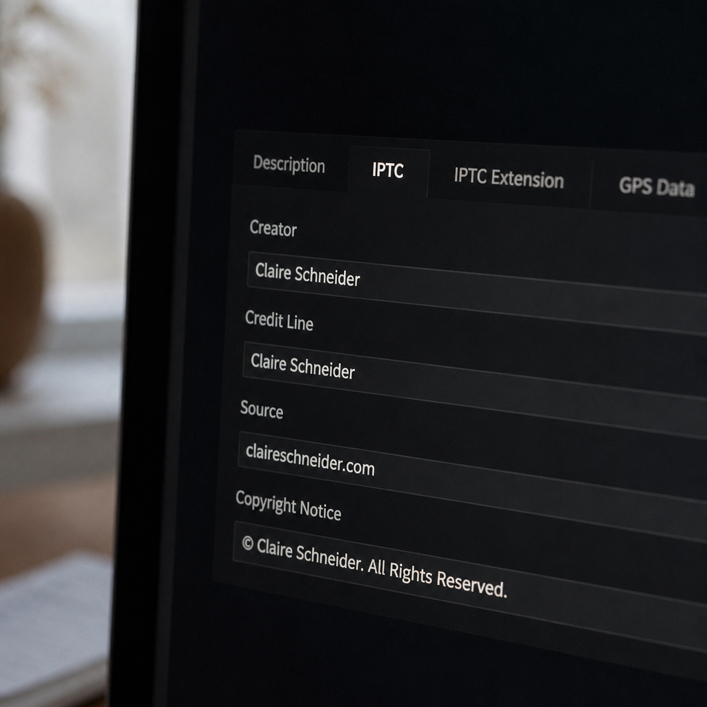 Screen close-up of a photo metadata panel with fields for creator, credit line, source and copyright notice filled in