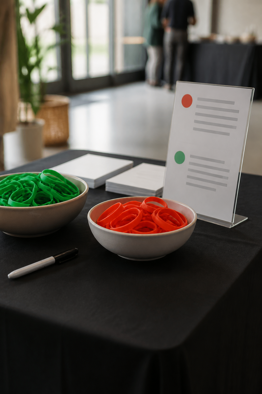 Welcome table at an event with two bowls of coloured wristbands, a sign explaining the photography opt-out, and a marker pen