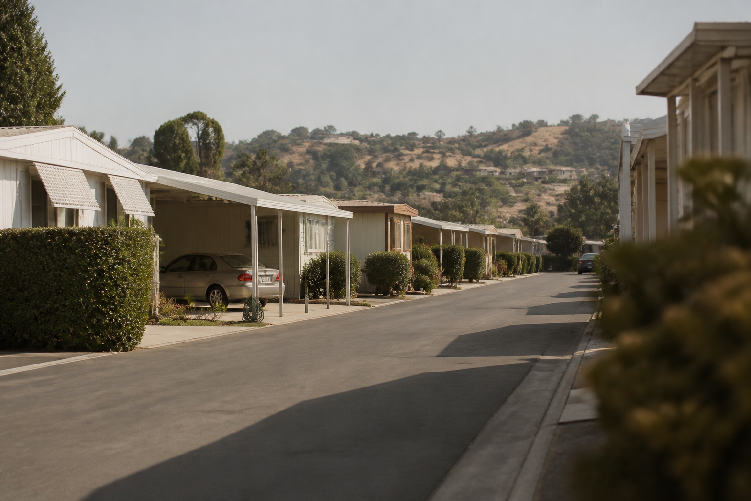 Quiet interior street of a California mobile home park, single wide homes with carports and clipped hedges