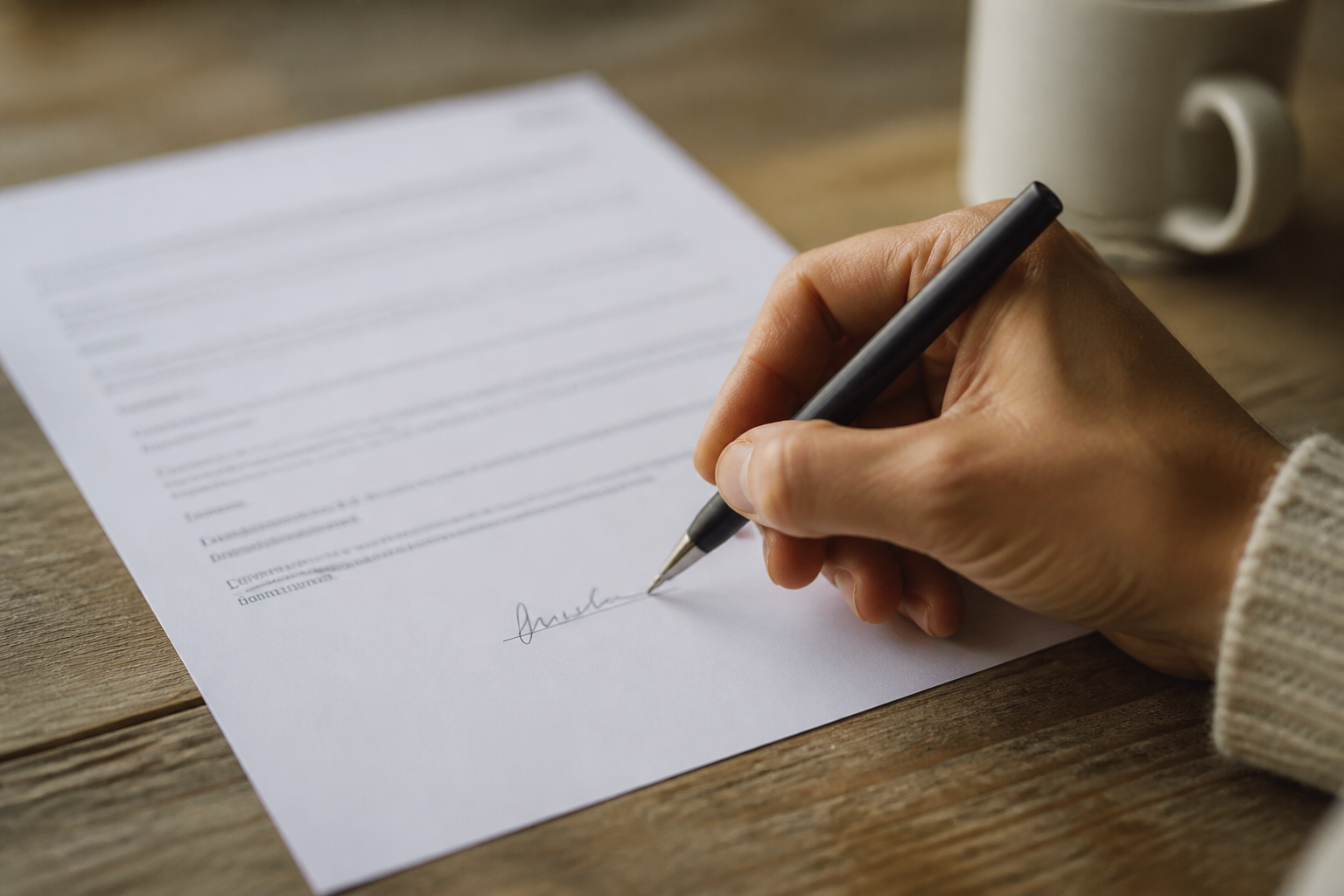 A hand signing the bottom of a one page release form on a table, with a printed plain-language summary visible above the signature line