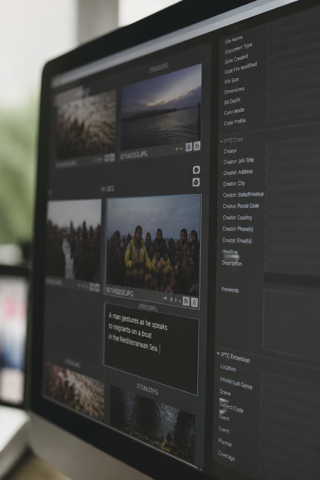 Newsroom screen showing a photo caption being typed under a thumbnail, with a metadata panel open beside it