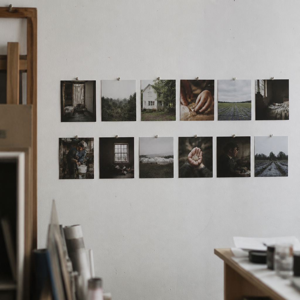 Twelve small work prints pinned in two rows on a studio wall, being sequenced into a picture story