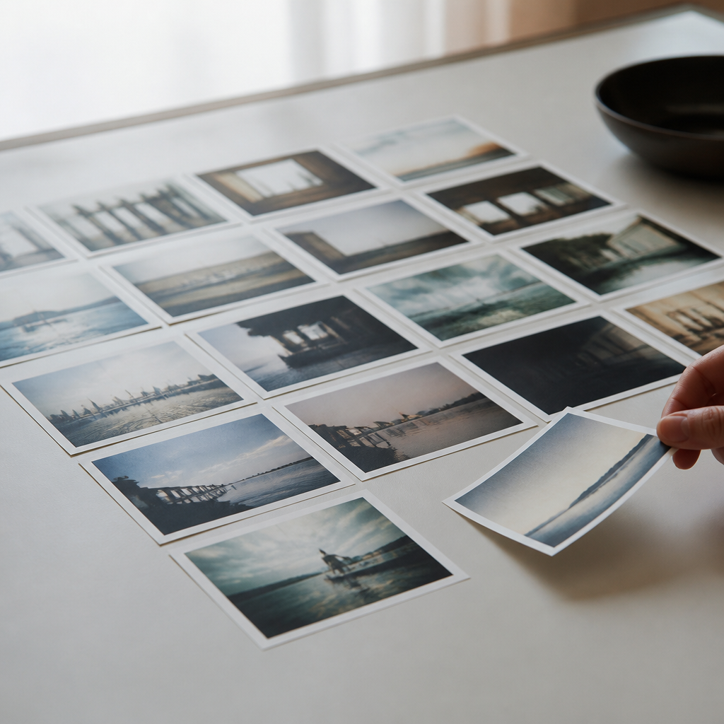 Twenty small photographic prints laid out in a grid on a light table, one lifted by the corner