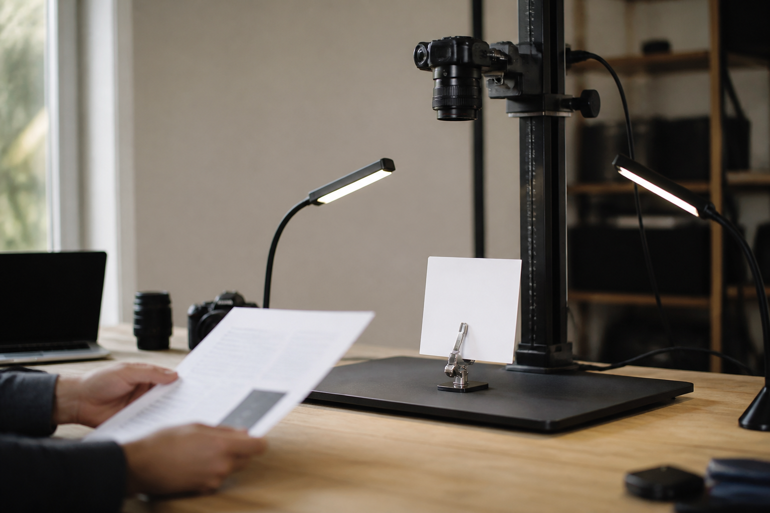 Tabletop product setup with a camera on a copy stand, two small strip lights and a white card held by a clamp