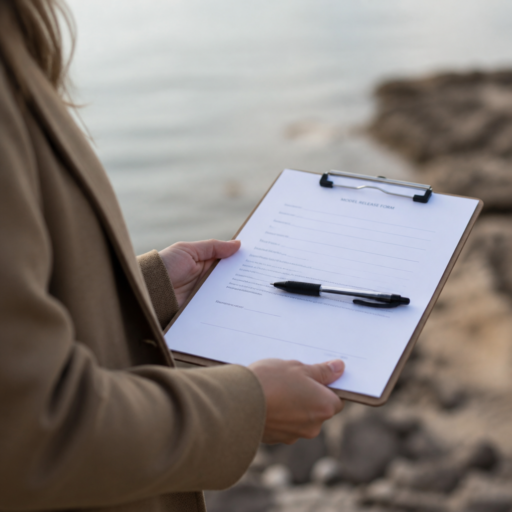Printed model release form on a clipboard with a pen laid across it, held at waist height on location