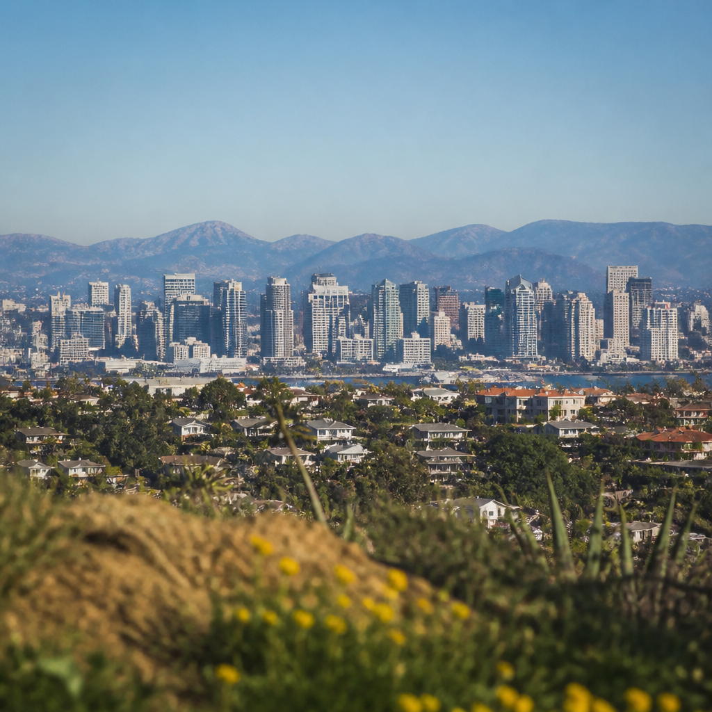 City skyline seen from a hillside on an exceptionally clear day, distant mountains sharp on the horizon and hard shadows on the buildings