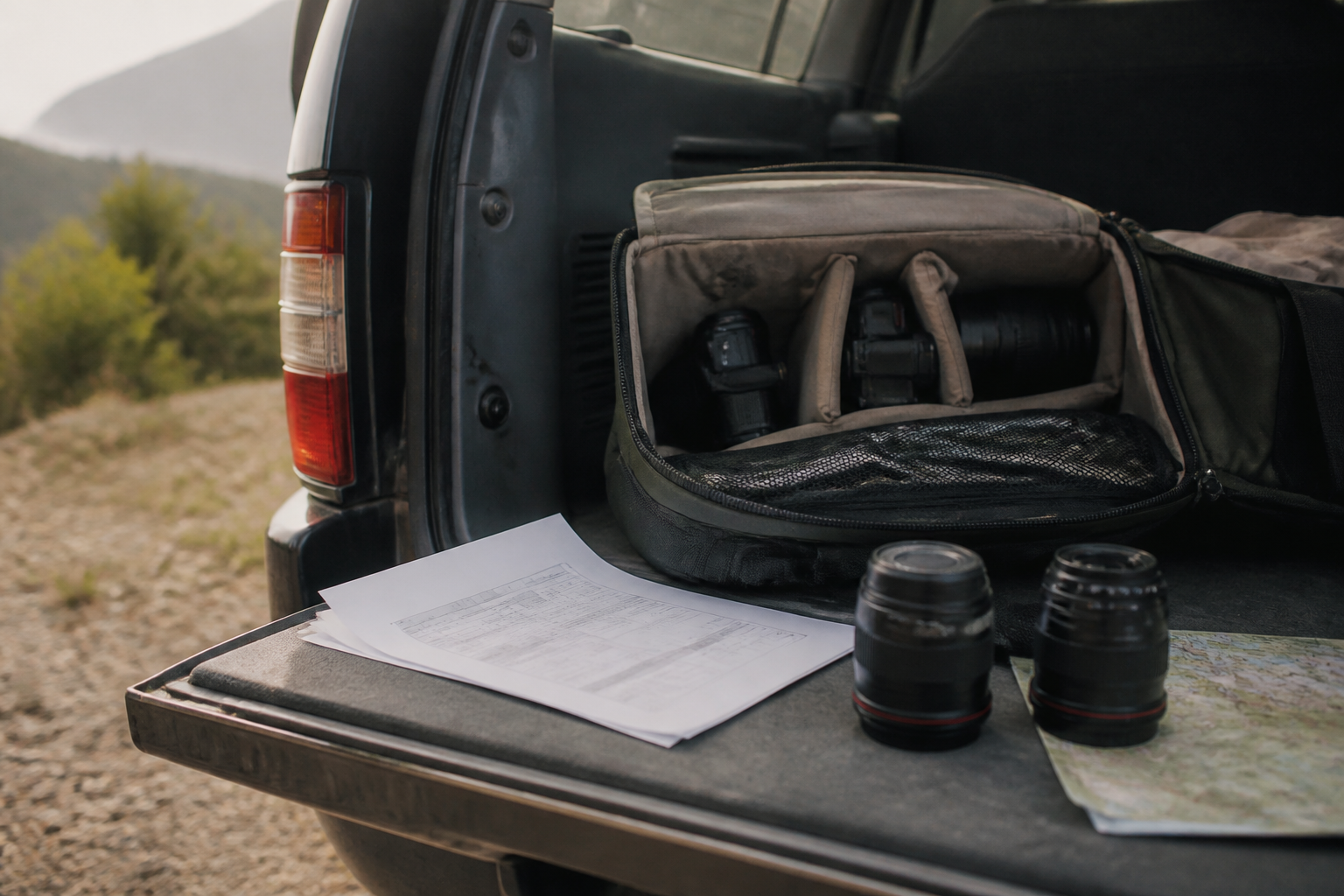Camera bag open on a car tailgate with a call sheet, two lenses and a folded map beside it