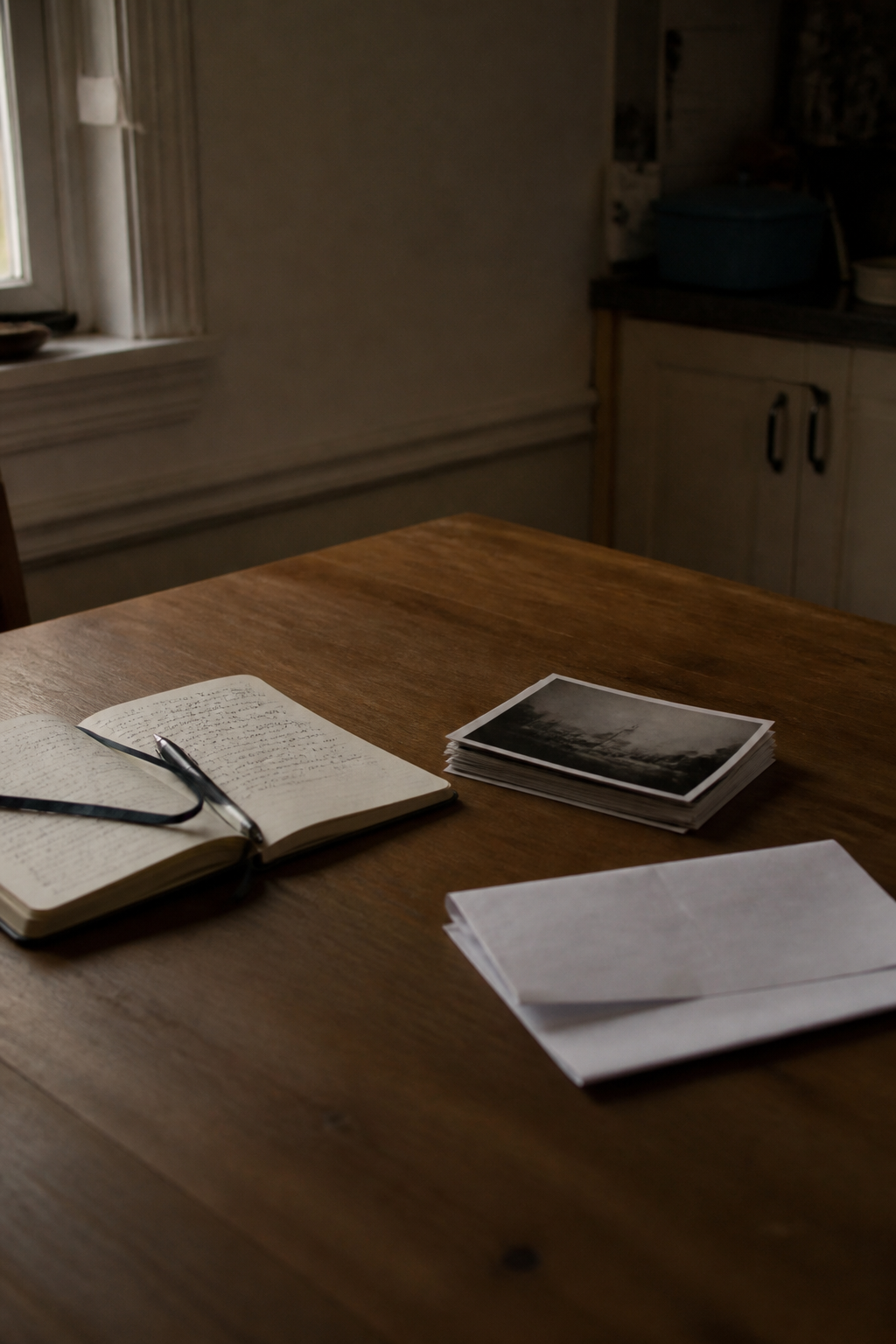 Notebook, a stack of small work prints and a folded consent form on a kitchen table under evening light