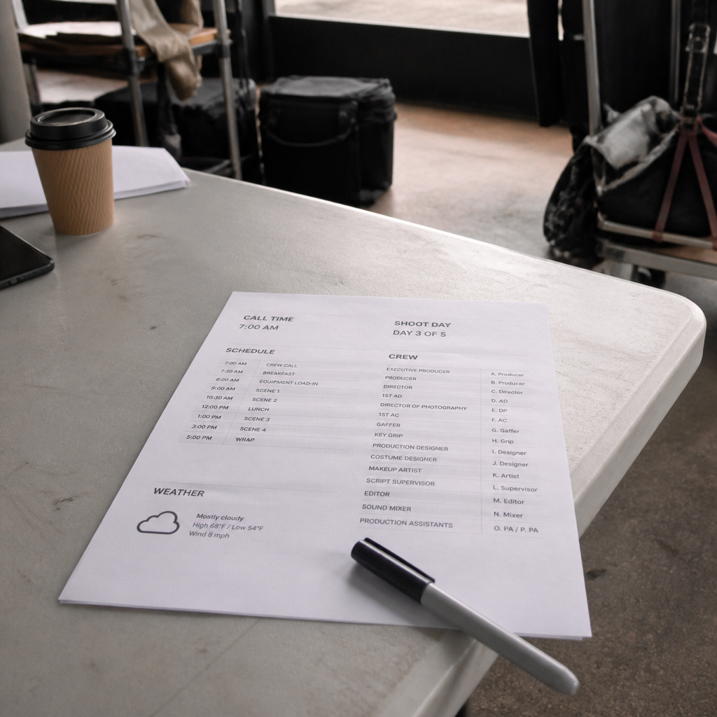 Printed call sheet on a folding table showing call times, crew list and a weather note, with a marker resting on it